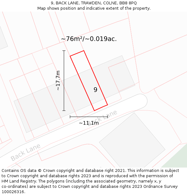9, BACK LANE, TRAWDEN, COLNE, BB8 8PQ: Plot and title map