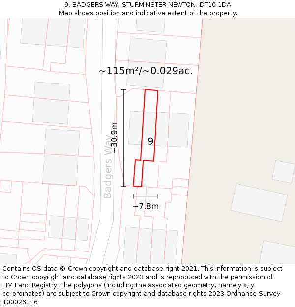 9, BADGERS WAY, STURMINSTER NEWTON, DT10 1DA: Plot and title map