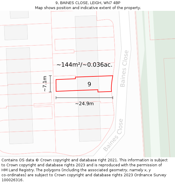 9, BAINES CLOSE, LEIGH, WN7 4BP: Plot and title map