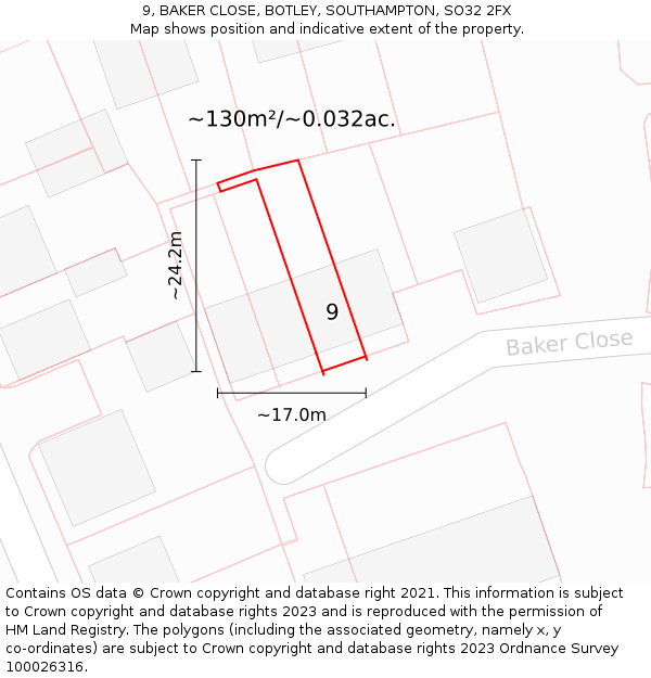 9, BAKER CLOSE, BOTLEY, SOUTHAMPTON, SO32 2FX: Plot and title map