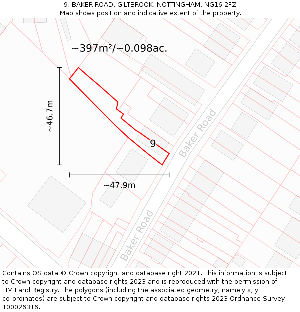 9, BAKER ROAD, GILTBROOK, NOTTINGHAM, NG16 2FZ: Plot and title map