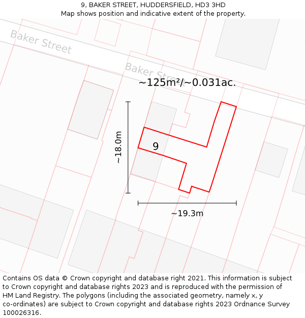 9, BAKER STREET, HUDDERSFIELD, HD3 3HD: Plot and title map