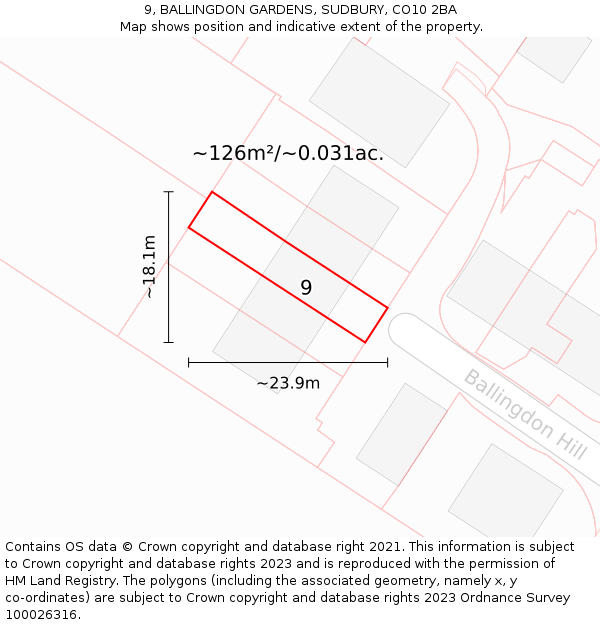9, BALLINGDON GARDENS, SUDBURY, CO10 2BA: Plot and title map