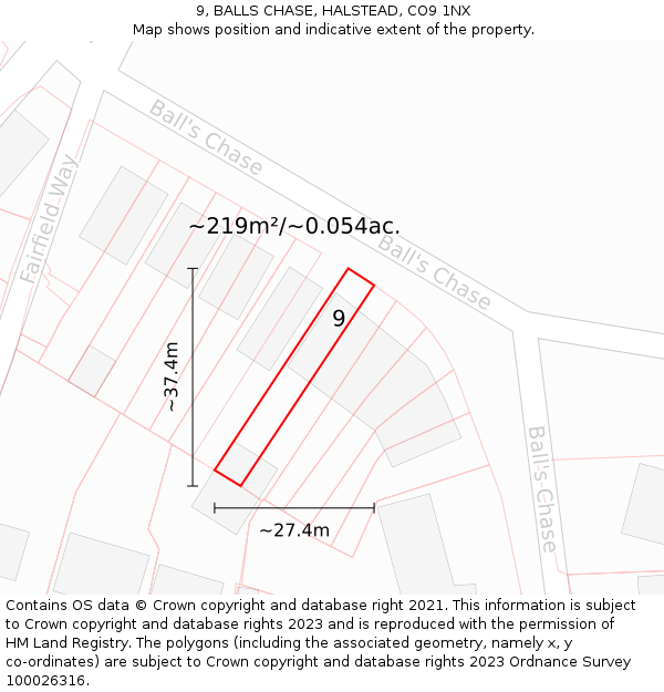 9, BALLS CHASE, HALSTEAD, CO9 1NX: Plot and title map