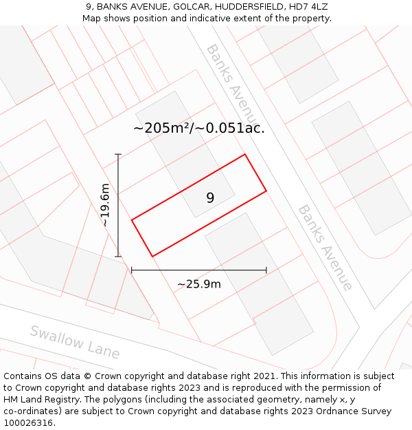 9, BANKS AVENUE, GOLCAR, HUDDERSFIELD, HD7 4LZ: Plot and title map
