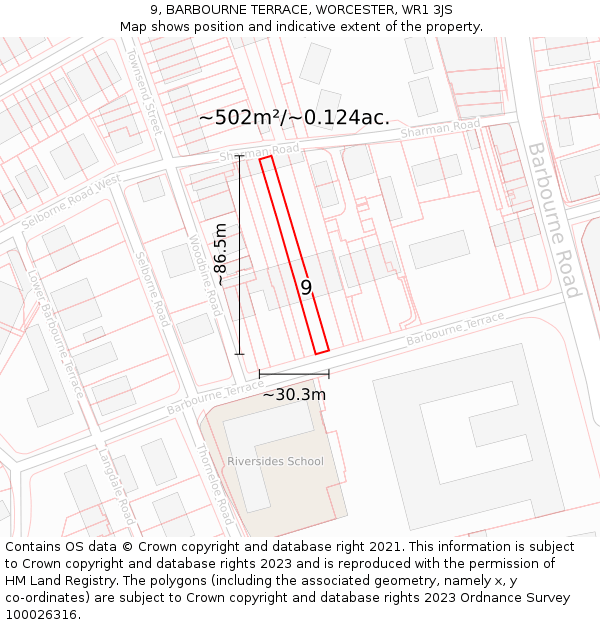 9, BARBOURNE TERRACE, WORCESTER, WR1 3JS: Plot and title map