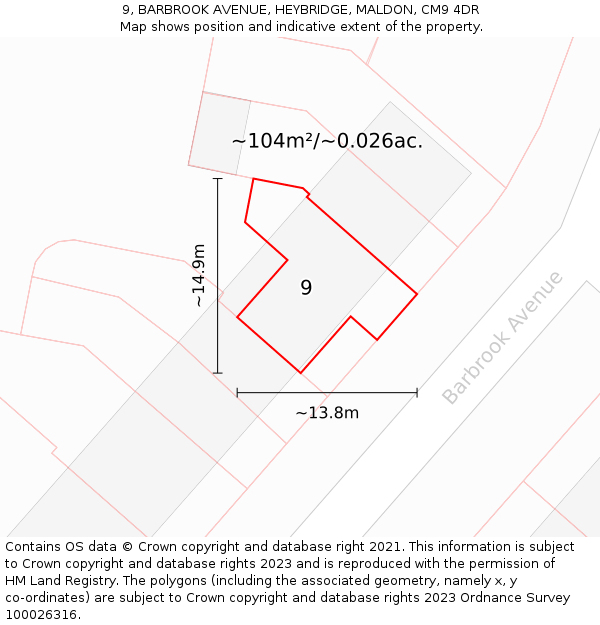 9, BARBROOK AVENUE, HEYBRIDGE, MALDON, CM9 4DR: Plot and title map