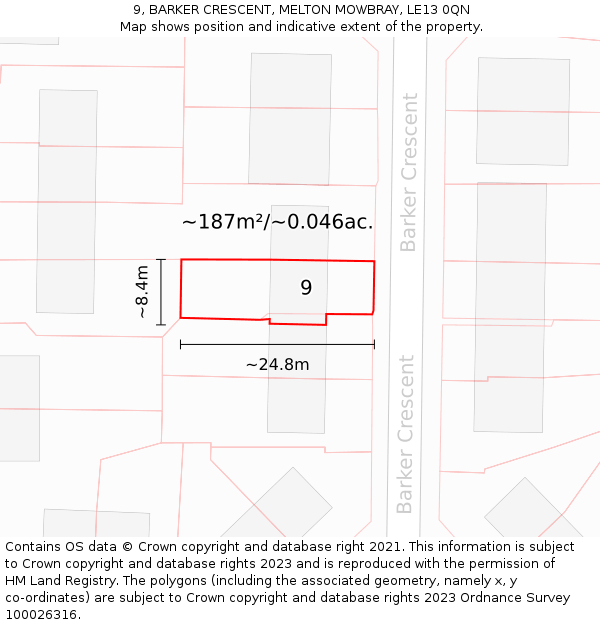 9, BARKER CRESCENT, MELTON MOWBRAY, LE13 0QN: Plot and title map