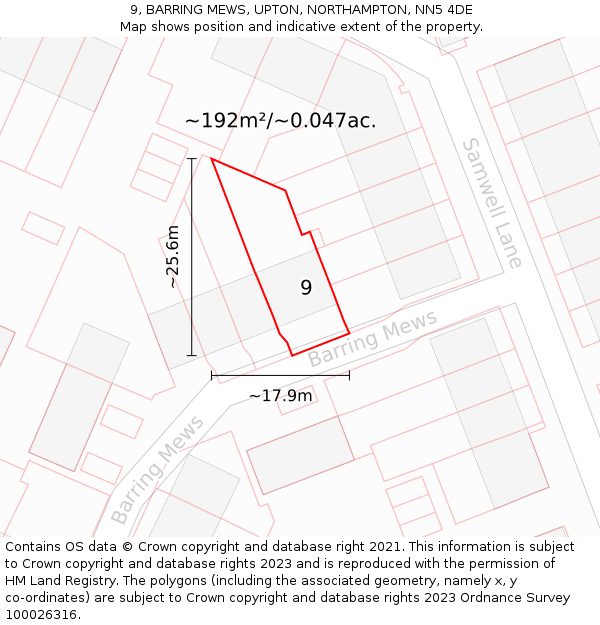 9, BARRING MEWS, UPTON, NORTHAMPTON, NN5 4DE: Plot and title map