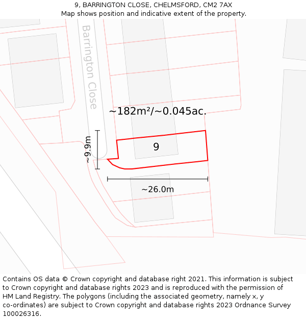 9, BARRINGTON CLOSE, CHELMSFORD, CM2 7AX: Plot and title map