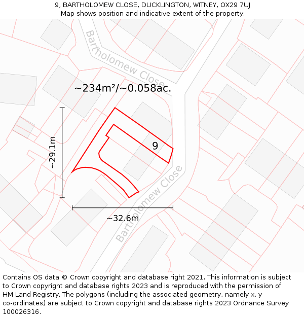 9, BARTHOLOMEW CLOSE, DUCKLINGTON, WITNEY, OX29 7UJ: Plot and title map