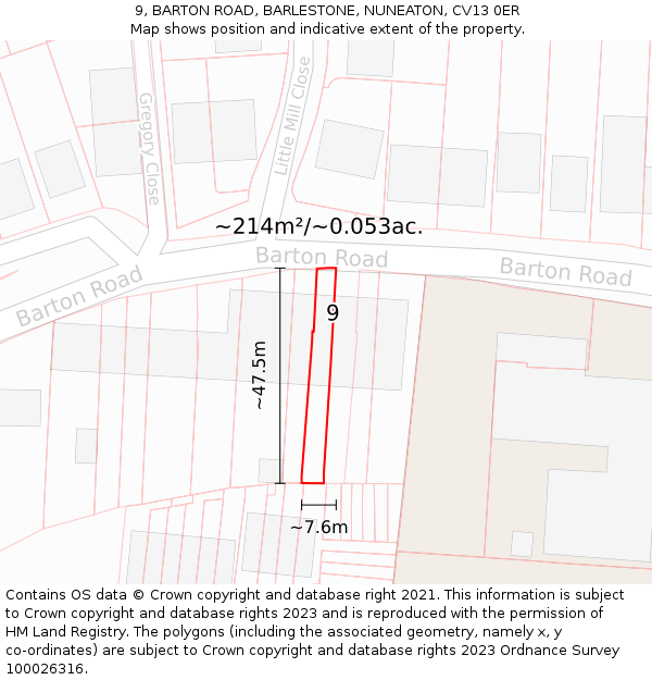 9, BARTON ROAD, BARLESTONE, NUNEATON, CV13 0ER: Plot and title map