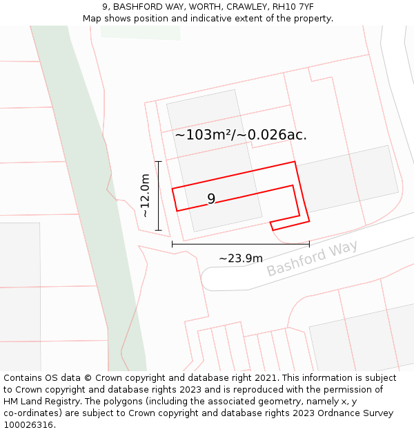 9, BASHFORD WAY, WORTH, CRAWLEY, RH10 7YF: Plot and title map