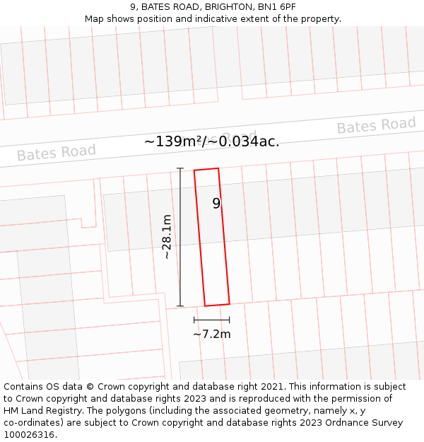 9, BATES ROAD, BRIGHTON, BN1 6PF: Plot and title map