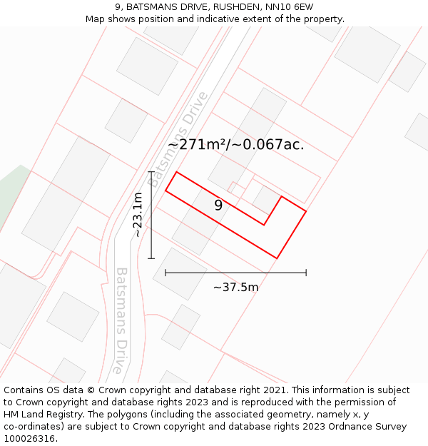 9, BATSMANS DRIVE, RUSHDEN, NN10 6EW: Plot and title map