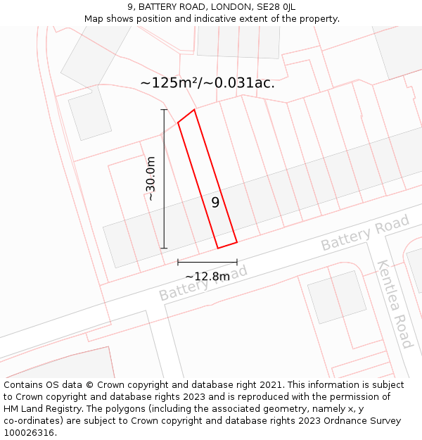 9, BATTERY ROAD, LONDON, SE28 0JL: Plot and title map