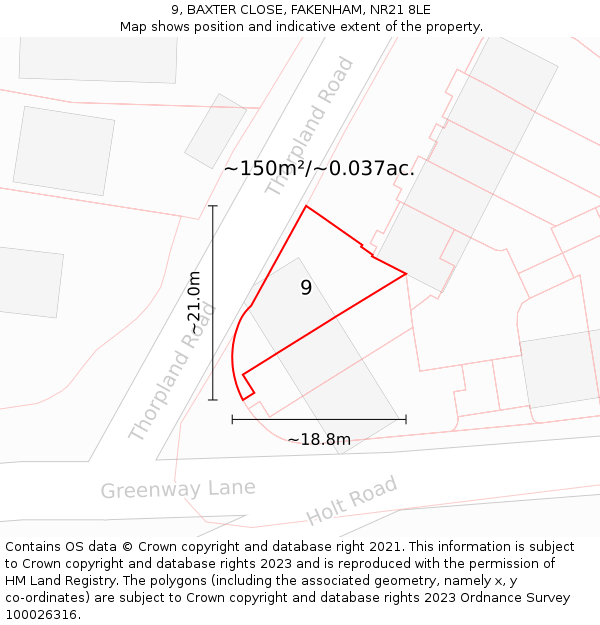 9, BAXTER CLOSE, FAKENHAM, NR21 8LE: Plot and title map