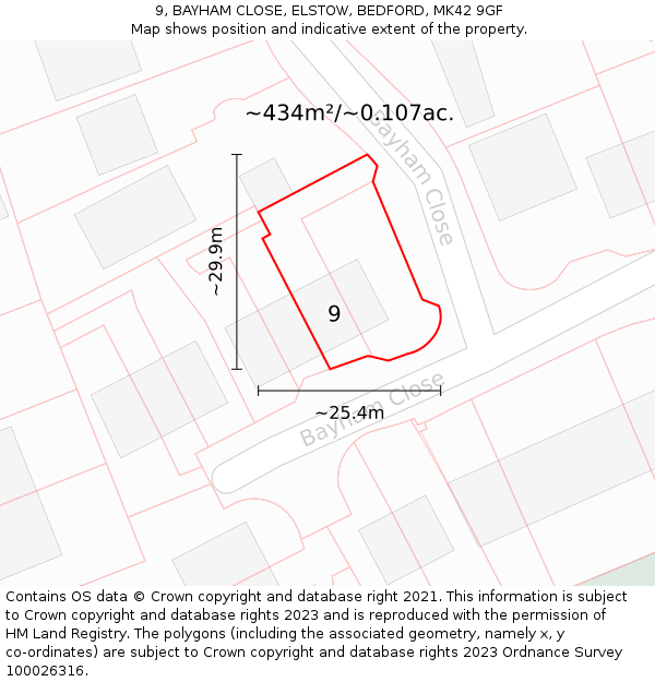9, BAYHAM CLOSE, ELSTOW, BEDFORD, MK42 9GF: Plot and title map