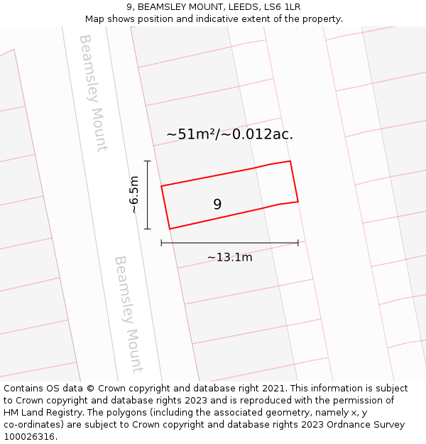 9, BEAMSLEY MOUNT, LEEDS, LS6 1LR: Plot and title map