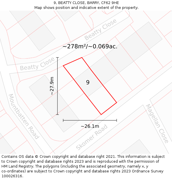 9, BEATTY CLOSE, BARRY, CF62 9HE: Plot and title map