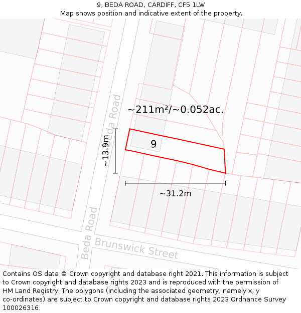 9, BEDA ROAD, CARDIFF, CF5 1LW: Plot and title map