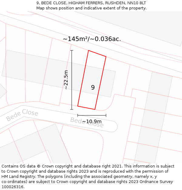 9, BEDE CLOSE, HIGHAM FERRERS, RUSHDEN, NN10 8LT: Plot and title map