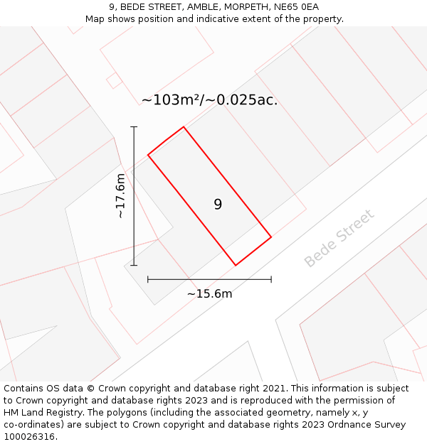 9, BEDE STREET, AMBLE, MORPETH, NE65 0EA: Plot and title map