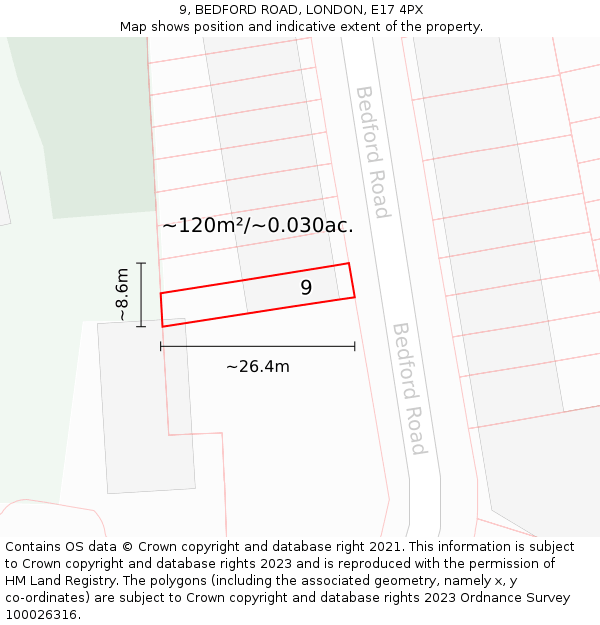 9, BEDFORD ROAD, LONDON, E17 4PX: Plot and title map