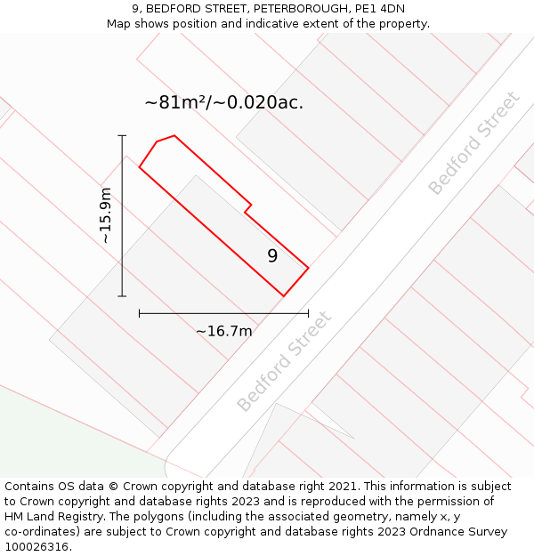 9, BEDFORD STREET, PETERBOROUGH, PE1 4DN: Plot and title map