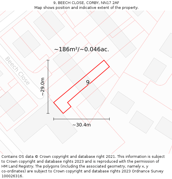 9, BEECH CLOSE, CORBY, NN17 2AF: Plot and title map