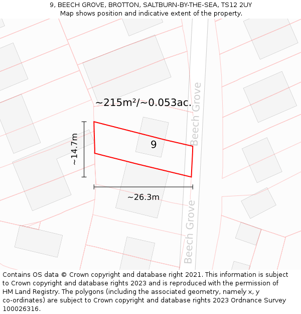 9, BEECH GROVE, BROTTON, SALTBURN-BY-THE-SEA, TS12 2UY: Plot and title map