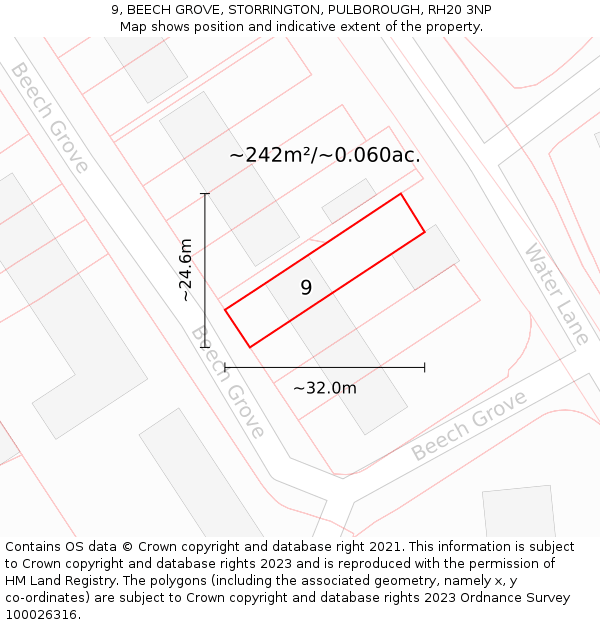 9, BEECH GROVE, STORRINGTON, PULBOROUGH, RH20 3NP: Plot and title map