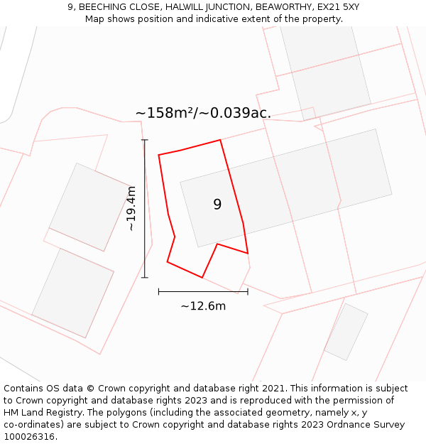 9, BEECHING CLOSE, HALWILL JUNCTION, BEAWORTHY, EX21 5XY: Plot and title map