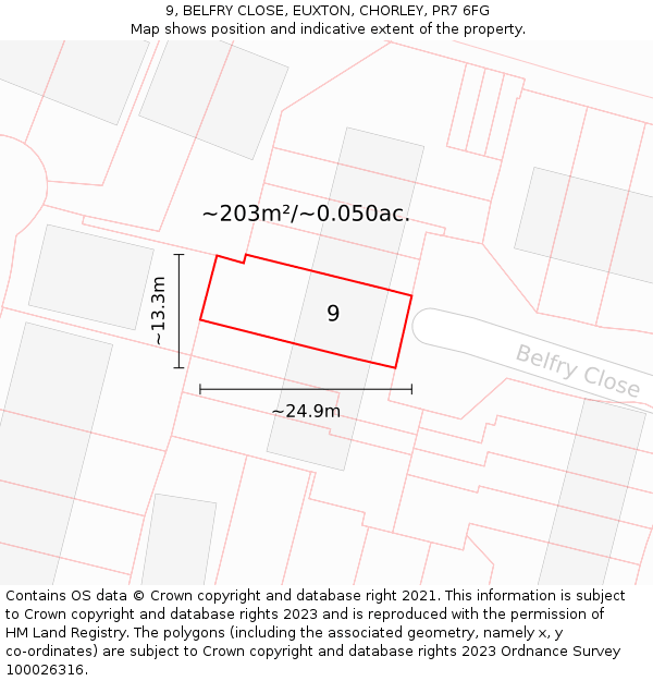 9, BELFRY CLOSE, EUXTON, CHORLEY, PR7 6FG: Plot and title map