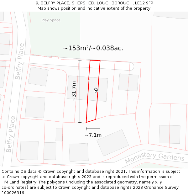 9, BELFRY PLACE, SHEPSHED, LOUGHBOROUGH, LE12 9FP: Plot and title map
