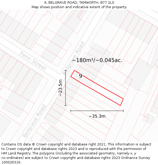 9, BELGRAVE ROAD, TAMWORTH, B77 2LS: Plot and title map