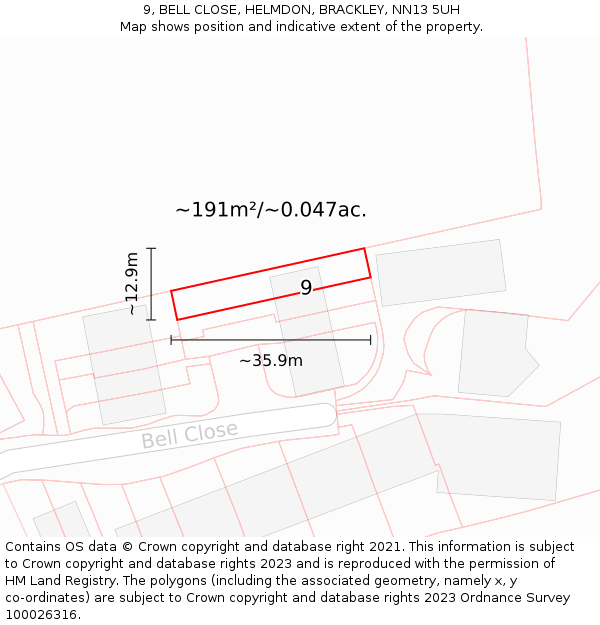 9, BELL CLOSE, HELMDON, BRACKLEY, NN13 5UH: Plot and title map