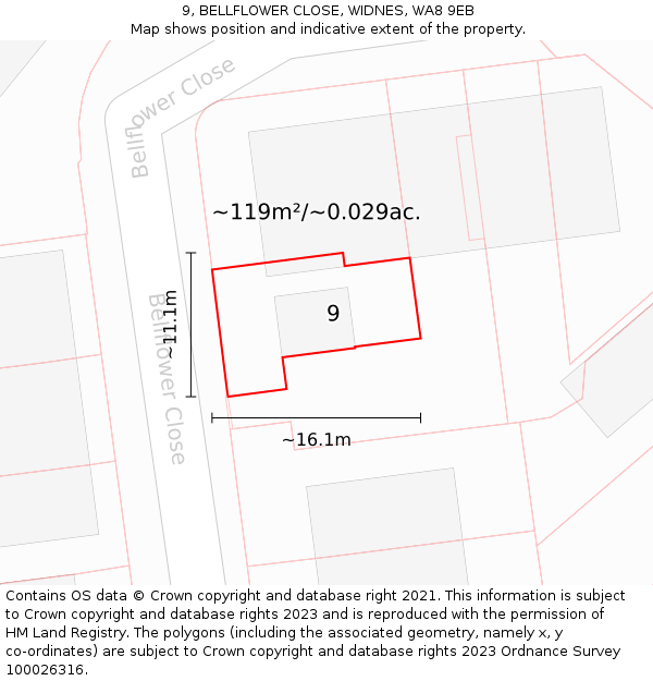 9, BELLFLOWER CLOSE, WIDNES, WA8 9EB: Plot and title map
