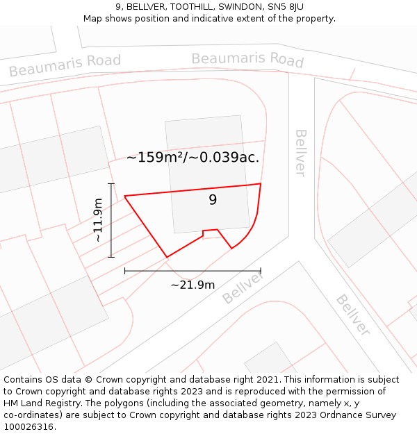 9, BELLVER, TOOTHILL, SWINDON, SN5 8JU: Plot and title map