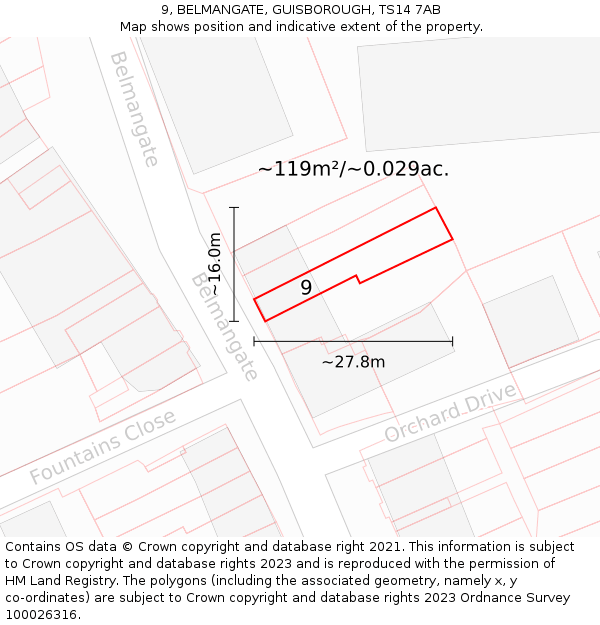 9, BELMANGATE, GUISBOROUGH, TS14 7AB: Plot and title map