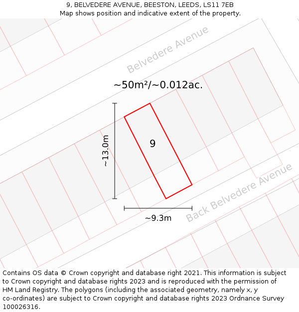 9, BELVEDERE AVENUE, BEESTON, LEEDS, LS11 7EB: Plot and title map