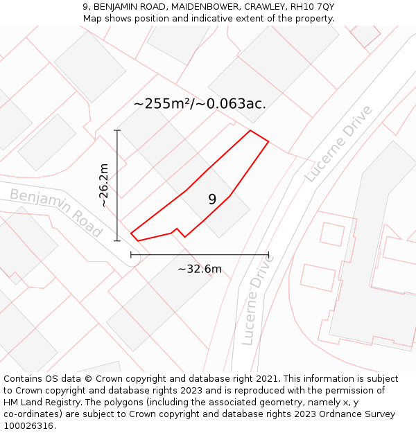 9, BENJAMIN ROAD, MAIDENBOWER, CRAWLEY, RH10 7QY: Plot and title map