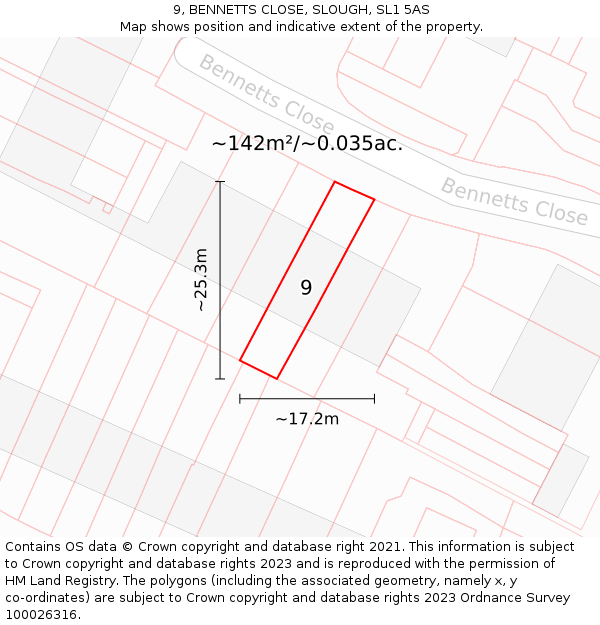 9, BENNETTS CLOSE, SLOUGH, SL1 5AS: Plot and title map