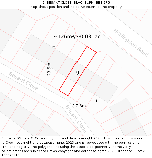 9, BESANT CLOSE, BLACKBURN, BB1 2RG: Plot and title map