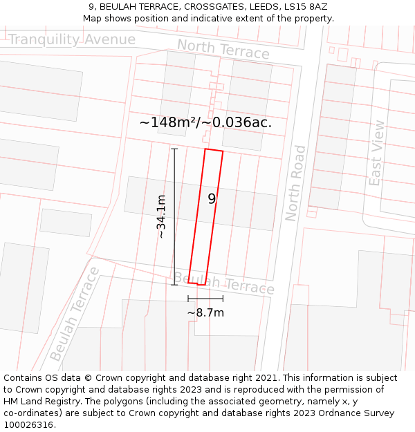 9, BEULAH TERRACE, CROSSGATES, LEEDS, LS15 8AZ: Plot and title map