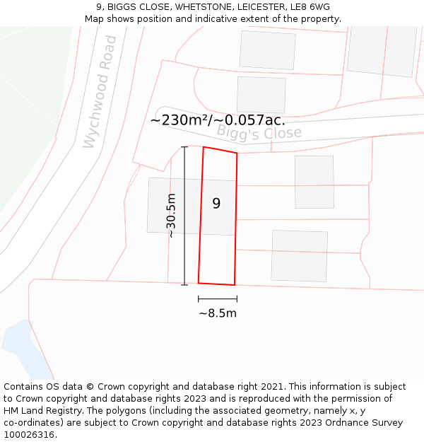 9, BIGGS CLOSE, WHETSTONE, LEICESTER, LE8 6WG: Plot and title map