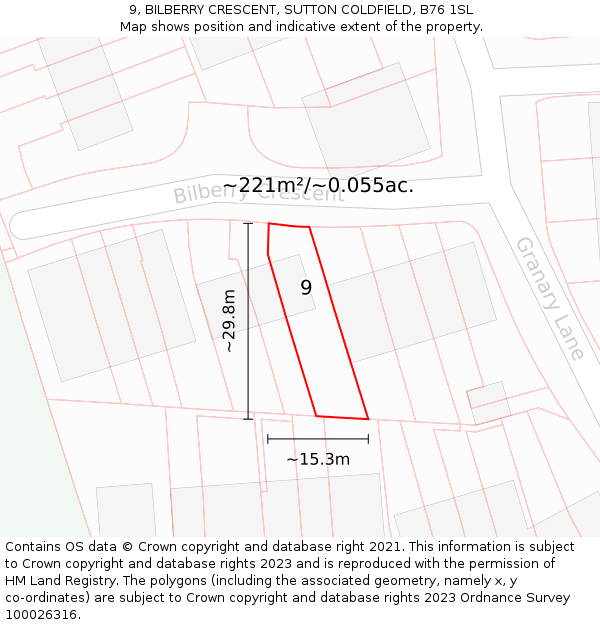 9, BILBERRY CRESCENT, SUTTON COLDFIELD, B76 1SL: Plot and title map