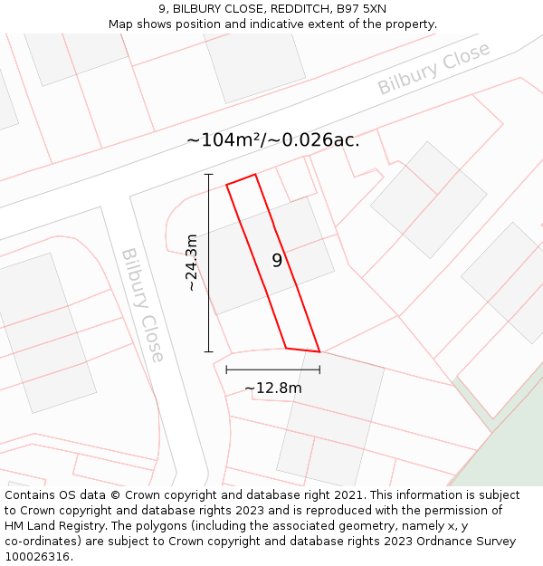 9, BILBURY CLOSE, REDDITCH, B97 5XN: Plot and title map