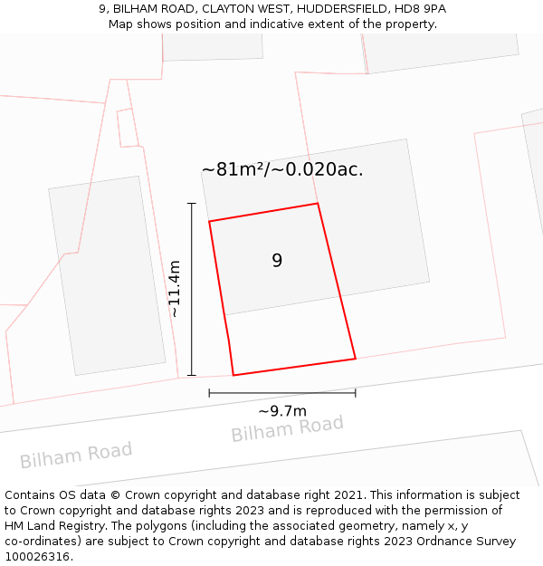 9, BILHAM ROAD, CLAYTON WEST, HUDDERSFIELD, HD8 9PA: Plot and title map