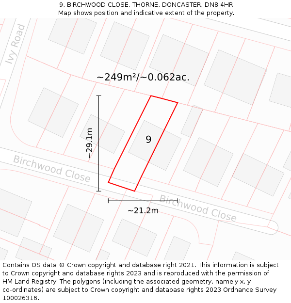 9, BIRCHWOOD CLOSE, THORNE, DONCASTER, DN8 4HR: Plot and title map